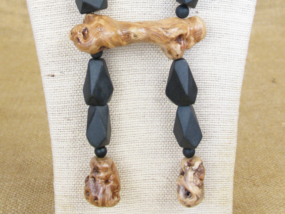 
BLACK MATTE AGATE & BLACK ONYX BALLS AND 3 ROOTS WITH STERLING SILVER CLASP