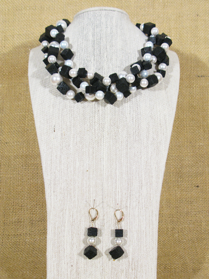 
BLACK AND WHITE LAVA SQUARES & SHELL PEARLS WITH GOLD FILLED CLASP