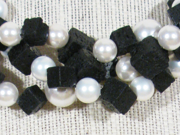 
BLACK AND WHITE- LAVA SQUARES & SHELL PEARLS WITH GOLD FILLED CLASP