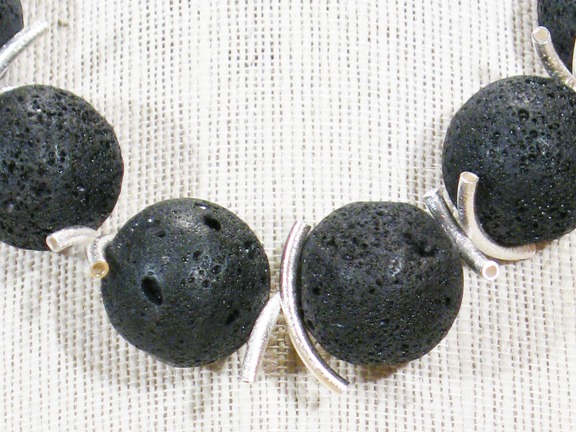 
LARGE BLACK LAVA AND STERLING NOODLES WITH STERLING SILVER CLASP