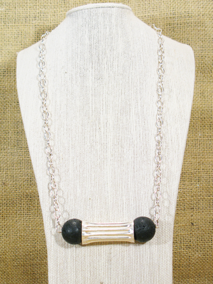 
LARGE BLACK LAVA AND SILVER PLATTED COPPER DECOR WITH LONG STERLING SILVER CHAIN