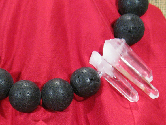 
LARGE BLACK LAVA BALLS AND 3 QUARTZ CRYSTALS WITH STERLING SILVER CLASP on RED