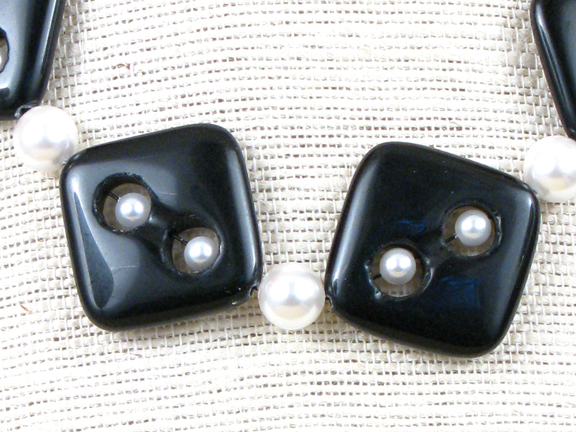 
BLACK ONYX SQUARES & WHITE SHELL PEARLS WITH STERLING SILVER CLASP