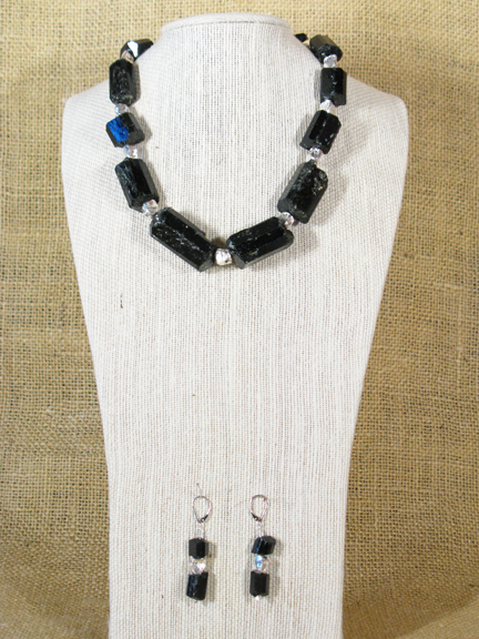 
BLACK TOURMALINE & GERMAN SILVER NUGGETS WITH STERLING SILVER CLASP