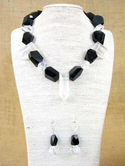 
BLACK TOURMALINE & CLEAR CRYSTAL QUARTZ WITH STERLING SILVER CLASP