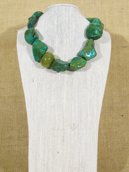 
TURQUOISE & OLIVE COLORED CHYSOCOLLA AND OLIVE JADE WITH GOLD PLATED CLASP