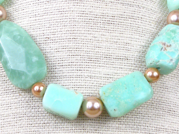 GREEN CHRYSOPRASE & SHELL PEARLS WITH GOLD VERMEIL CLASP