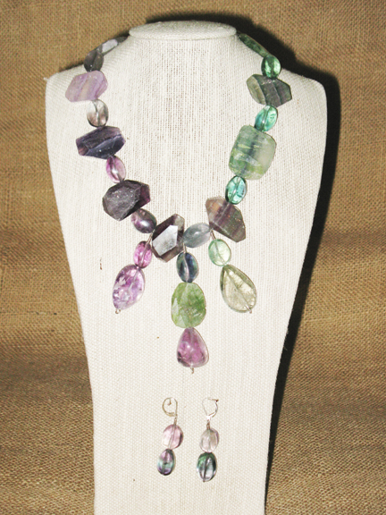 
GREEN TO PURPLE FLUORITE WITH DANGLES AND WITH STERLING CLASP