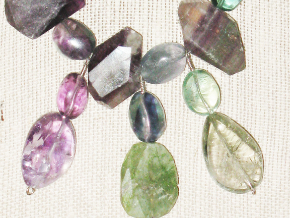 
GREEN TO PURPLE FLUORITE WITH DANGLES AND WITH STERLING CLASP