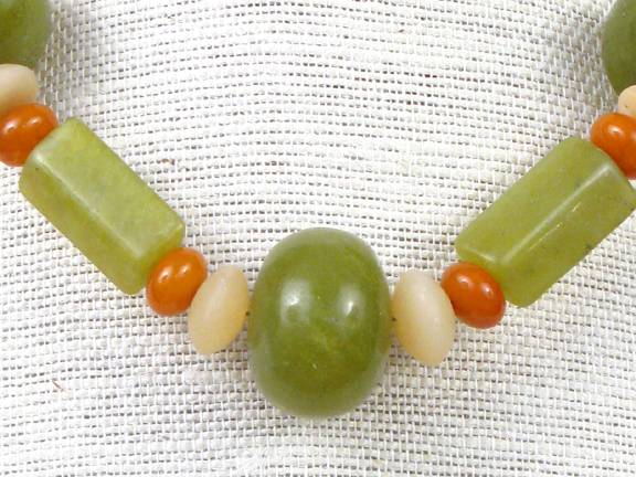 GREEN JADE & ORANGE COPAL & YELLOW SERPENTINE WITH GOLD VERMEIL CLASP