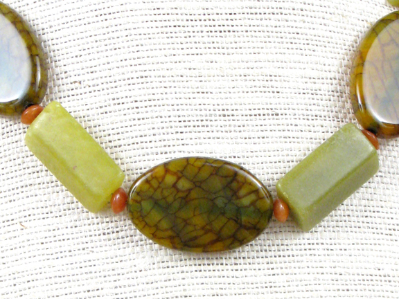 
GREEN JADE & GREEN GOLD FIRE AGATE & RED AVENTURINE WITH GOLD VERMEIL CLASP