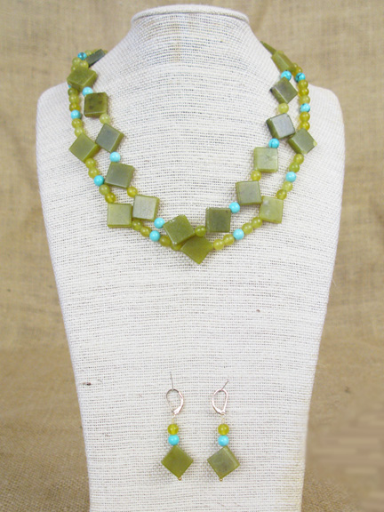 GREEN JADE & TURQUOISE WITH GOLD VERMEIL CLASP