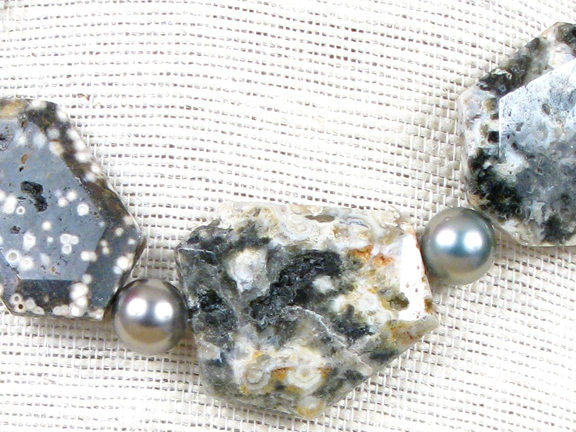 
TAUPE, WHITE, OLIVE OCEAN STONE & SHELL PEARLS WITH STERLING SILVER CLASP