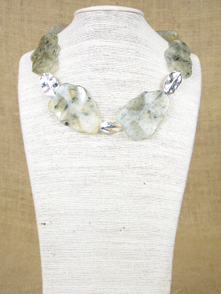 
GREEN RETICULATED QUARTZ WITH STERLING SILVER LEAVES AND CLASP