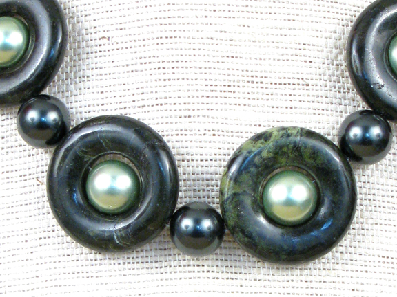 
GREEN RUSSIAN SERPENTINE DONUTS & DARK AND LIGHT GREEN SHELL PEARLS WITH GOLD VERMEIL CLASP