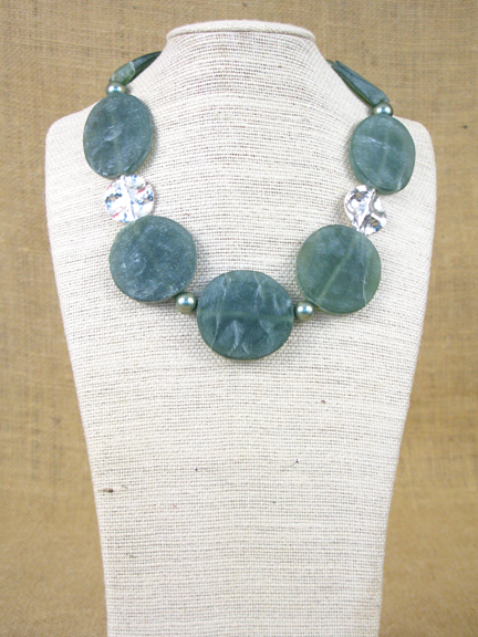 
BLUE GREEN SERPENTINE & SHELL PEARLS WITH STERLING SILVER DISKS AND CLASP