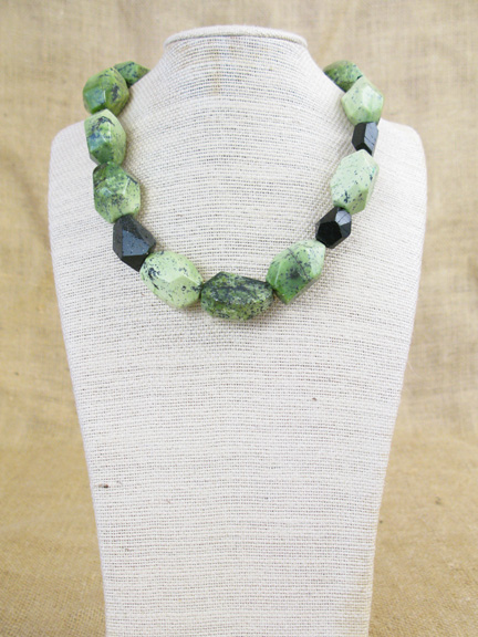 
GREEN SERPENTINE & BLACK TOURMALINE WITH STERLING SILVER CLASP