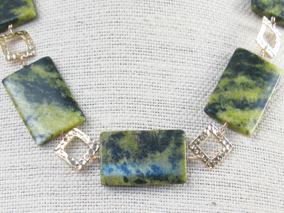 GREEN TURQUOISE WITH GOLD VERMEIL HAMMERED SQUARES & CLASP