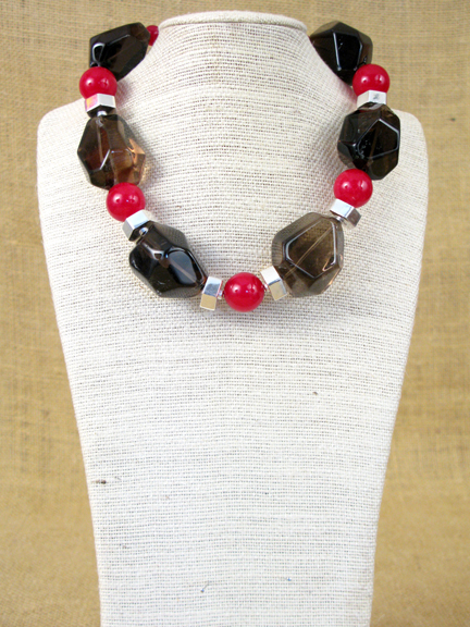 
CRANBERRY PINK JADE (DYED) & SMOKEY QUARTZ WITH STERLING SILVER BEADS AND CLASP