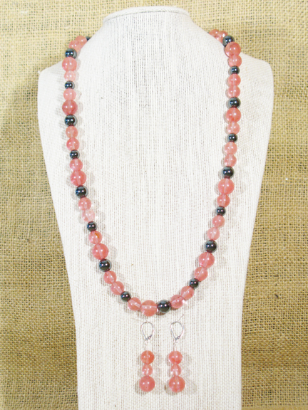 1 STRAND PINK ROSE QUARTZ PLUS HEMATITE WITH STERLING SILVER CLASPS