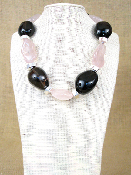 
PINK ROSE QUARTZ & SMOKEY QUARTZ WITH STERLING SILVER BEADS AND CLASP