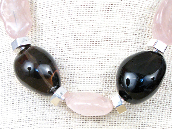 
PINK ROSE QUARTZ & SMOKEY QUARTZ WITH STERLING SILVER BEADS AND CLASP