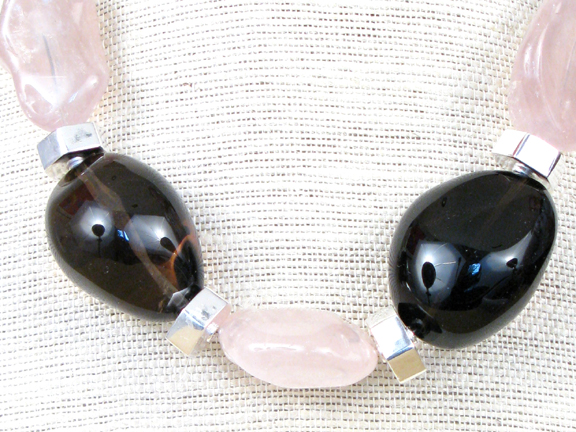 PINK ROSE QUARTZ & SMOKEY QUARTZ WITH STERLING SILVER BEADS AND CLASP