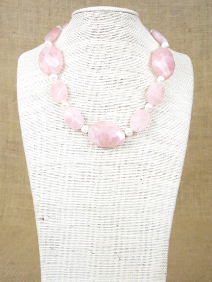 
PINK ROSE QUARTZ & WHITE FRESH WATER PEARLS WITH STERLING SILVER CLASP