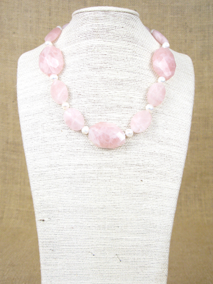 
PINK ROSE QUARTZ & WHITE FRESH WATER PEARLS WITH STERLING SILVER CLASP