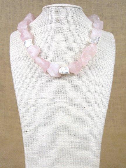 
PINK ROSE IRREGULAR QUARTZ NUGGETS & 3 STERLING SILVER NUGGETS WITH STERLING SILVER CLASP