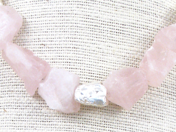 PINK ROSE IRREGULAR QUARTZ NUGGETS & 3 STERLING SILVER NUGGETS WITH STERLING SILVER CLASP