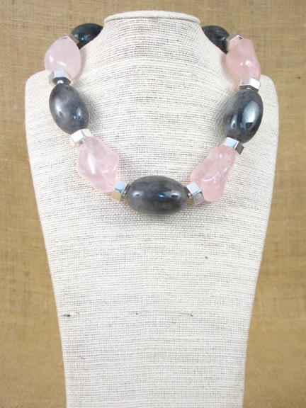 
LARGE PINK ROSE QUARTZ & GRAY CLOUDY QUARTZ WITH 6 SIDED STERLING SILVER BEADS AND CLASP