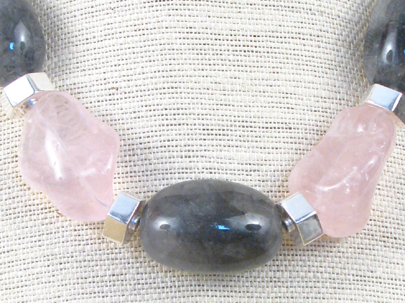
LARGE PINK ROSE QUARTZ & GRAY CLOUDY QUARTZ WITH 6 SIDED STERLING SILVER BEADS AND CLASP