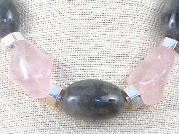 LARGE PINK ROSE QUARTZ & GRAY CLOUDY QUARTZ WITH 6 SIDED STERLING SILVER BEADS AND CLASP