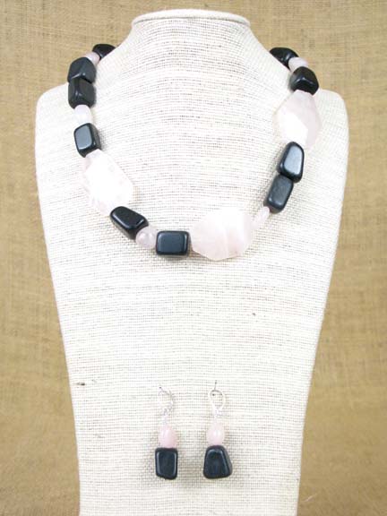 
PINK ROSE QUARTZ & GRAY/BLACK ONYX WITH STERLING SILVER CLASP