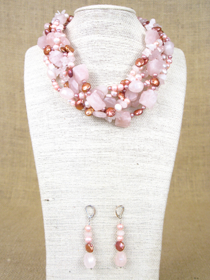 
PINK ROSE QUARTZ & PINK PEARLS WITH STERLING SILVER CLASP