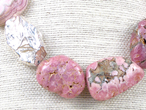 PINK RHODOCHROSITE & LARGE STERLING NUGGET WITH STERLING CLASP