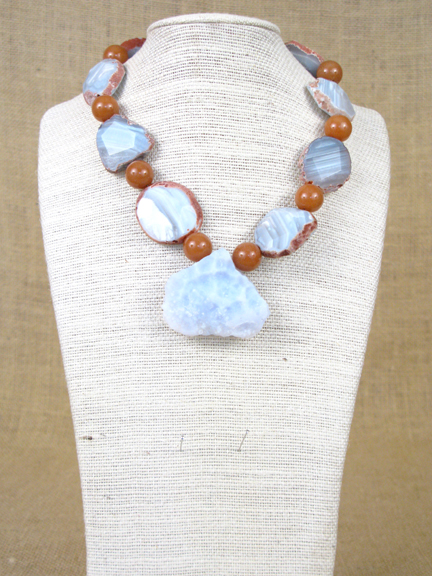 
BLUE LACE AGATE & RUST AVENTURINE & CENTER BLUE CHALCEDONY WITH STERLING CLASP