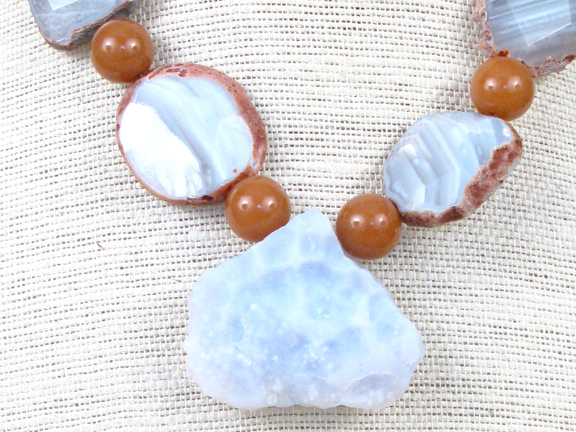 
BLUE LACE AGATE & RUST AVENTURINE & CENTER BLUE CHALCEDONY WITH STERLING CLASP