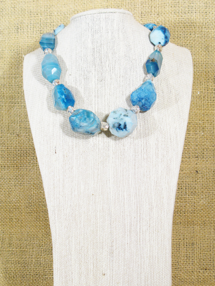 
BLUE AGATE (DYED) & GERMAN SILVER NUGGETS WITH STERLING CLASP