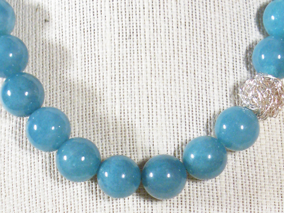 
BLUE ANGELITE & STERLING WIRE BALL WITH STERLING CLASP