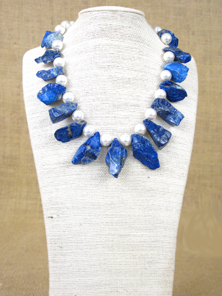 BLUE LAPIS & WHITE SHELL PEARLS WITH STERLING CLASP