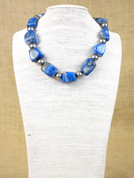 
BLUE LAPIS & GRAY SHELL PEARLS WITH STERLING CLASP