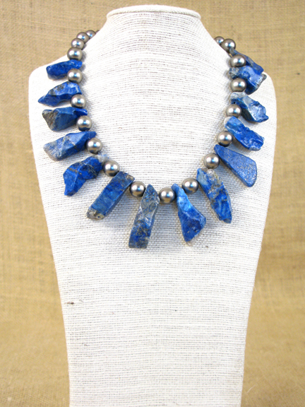 
BLUE LONG LAPIS & GRAY SHELL PEARLS WITH STERLING CLASP