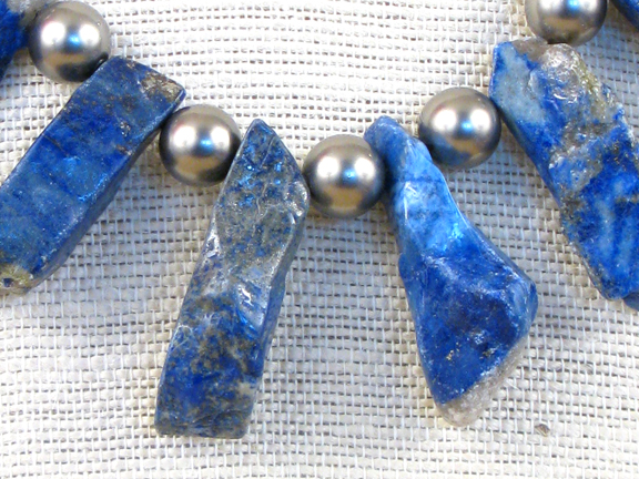 
BLUE LONG LAPIS & GRAY SHELL PEARLS WITH STERLING CLASP