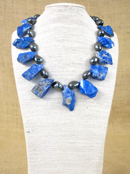 
BLUE LAPIS & GRAY HEMATITE WITH STERLING CLASP