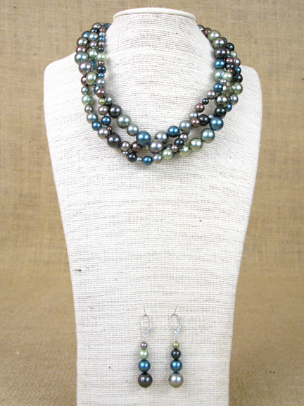 GREEN/BLUE SHELL PEARLS IN 3 STRANDS WITH STERLING CLASP