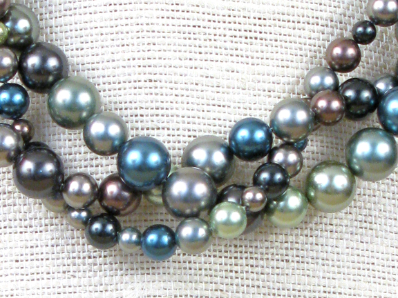 GREEN/BLUE SHELL PEARLS IN 3 STRANDS WITH STERLING CLASP