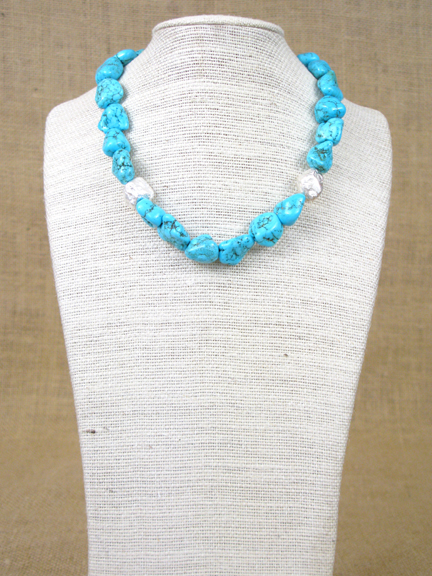 TURQUOISE MAGNESITE & STERLING NUGGETS WITH STERLING CLASP