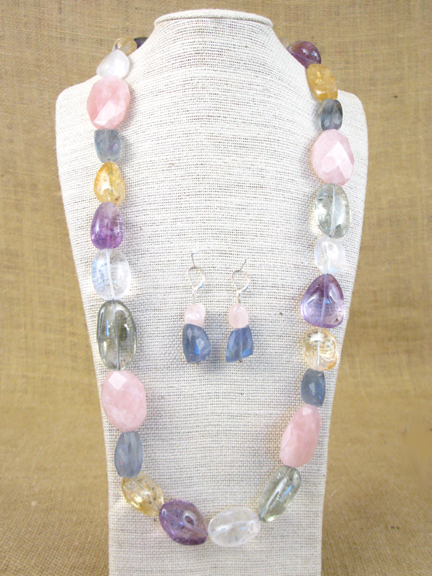 
PINK, PURPLE, GREEN, YELLOW, CLEAR, BLUE COLORED QUARTZ AND FLUORITE WITH STERLING SILVER CLASP